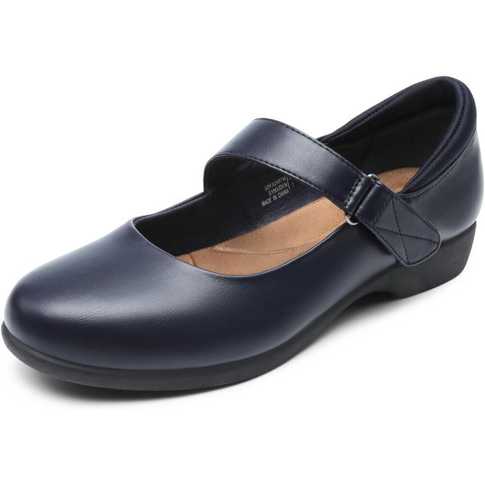 Dream Pairs Women's Navy Leather Ankle Strap and Arch Support Ballet Flats